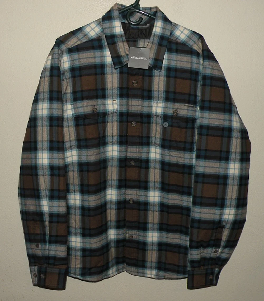 Eddie Bauer Mens XL Flannel Quilted Insulated Jacket Shacket Brwn/Blue Plaid NWT